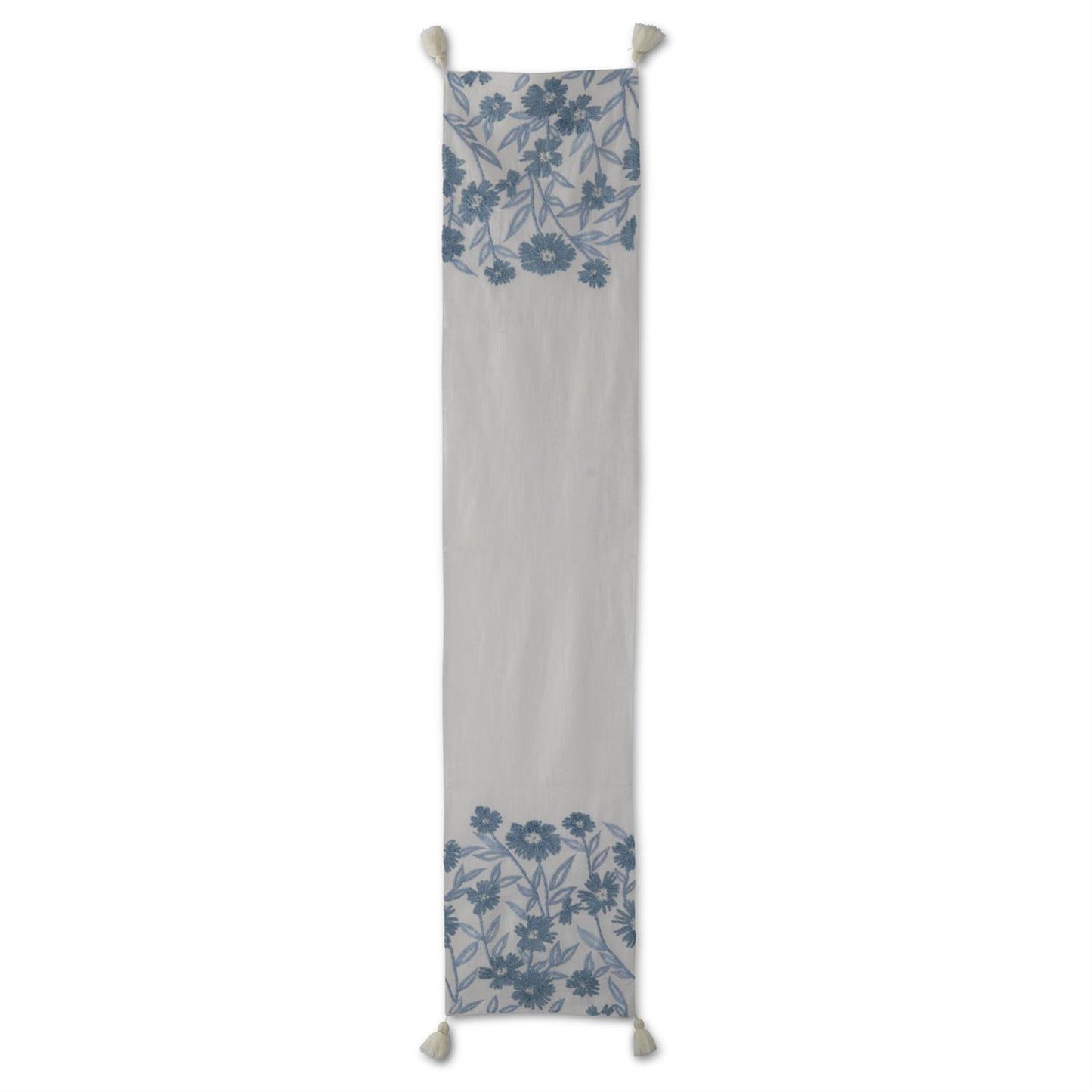 72 Inch White Linen & Blue Embroidered Floral Table