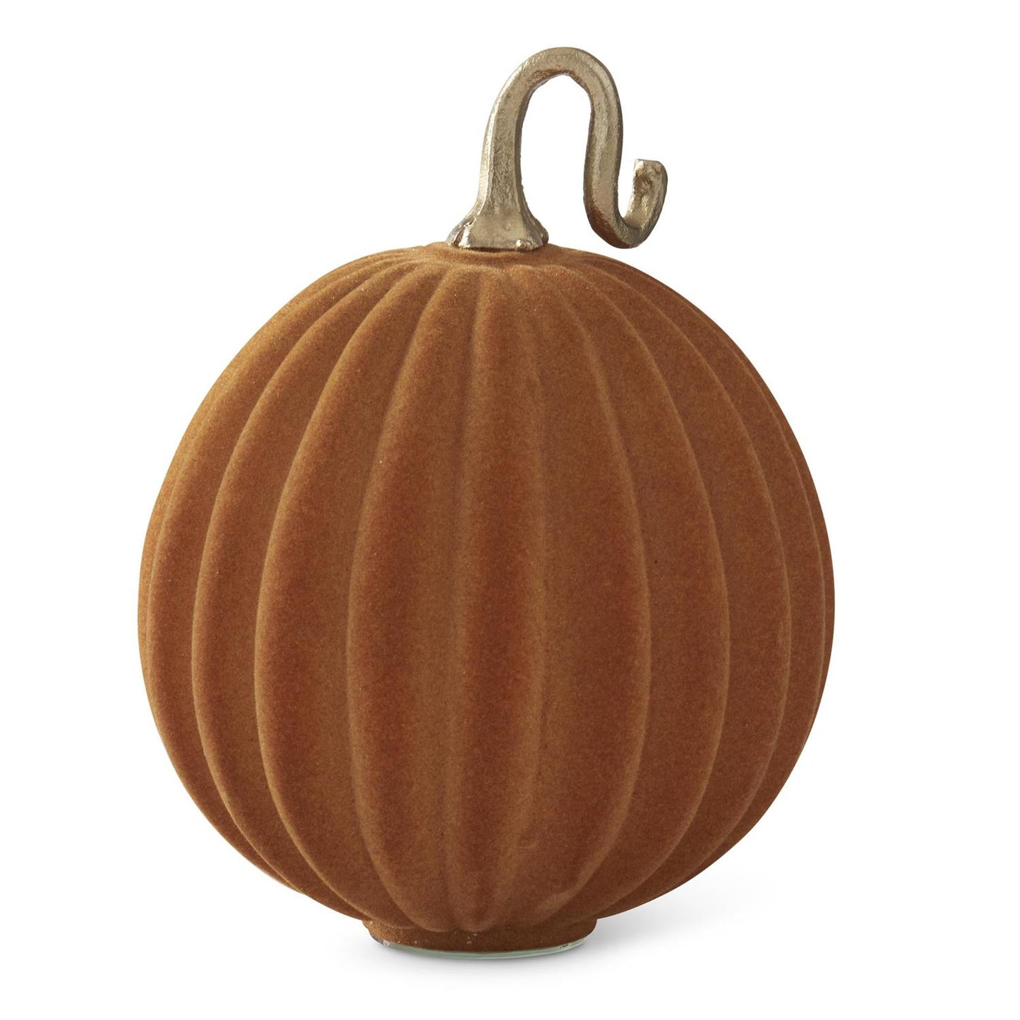 11.25 Inch Tan Flocked Glass Pumpkin w/Gold Metal Stem