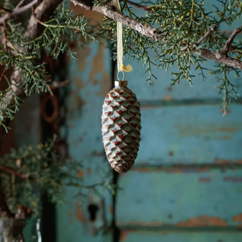 Blue-Green Pinecone with Gold Glitter Glass Ornament 4"