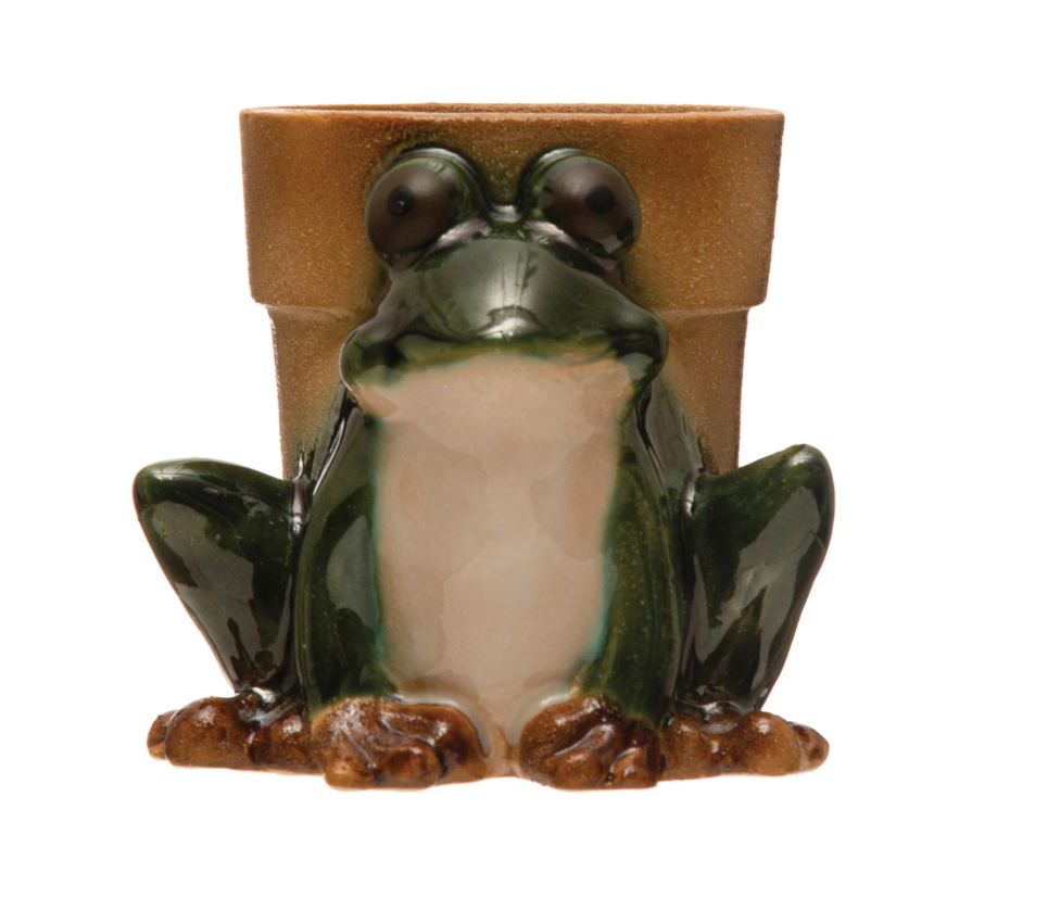 Stoneware Frog Planter, Reactive Glaze, Green, White & Brown
