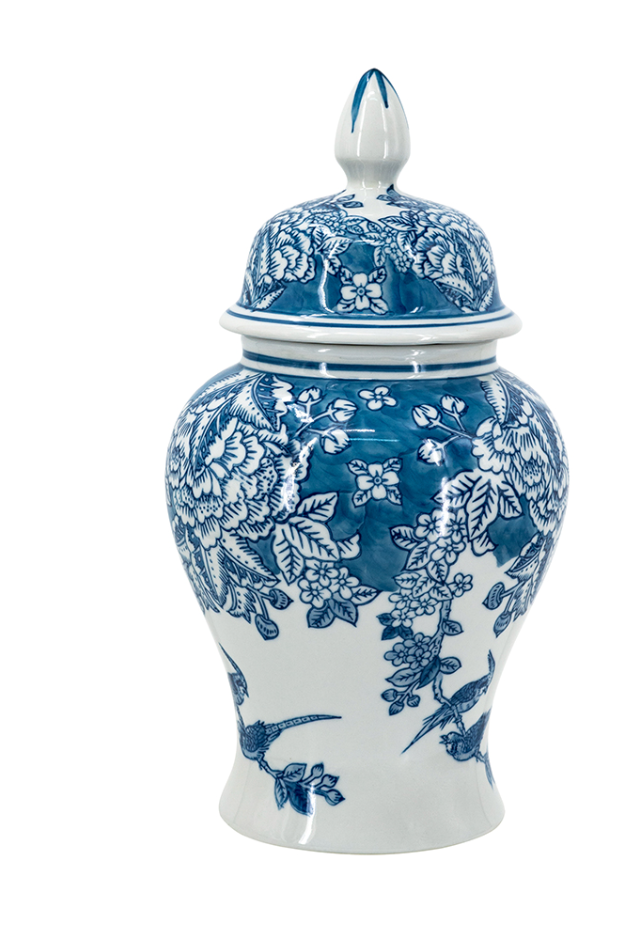 D6.5x12.5" Classic Blue and White Porcelain Ginger Jar with Elegant Flower and Bird Design