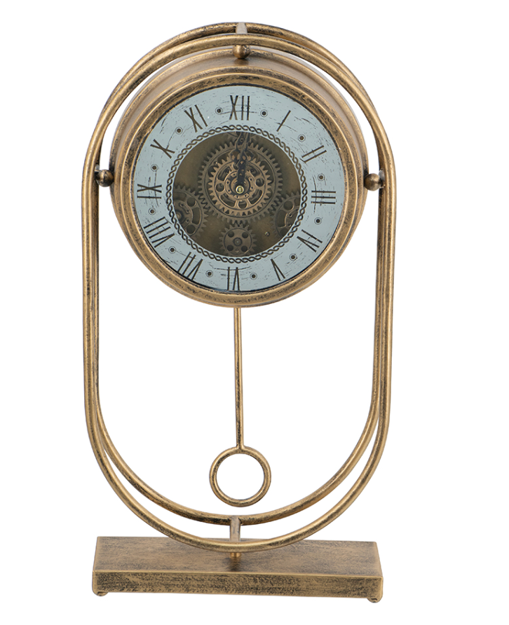 10.5x3x20" Vintage Inspired Table Gear Clock on Rectangle Stand, Gold