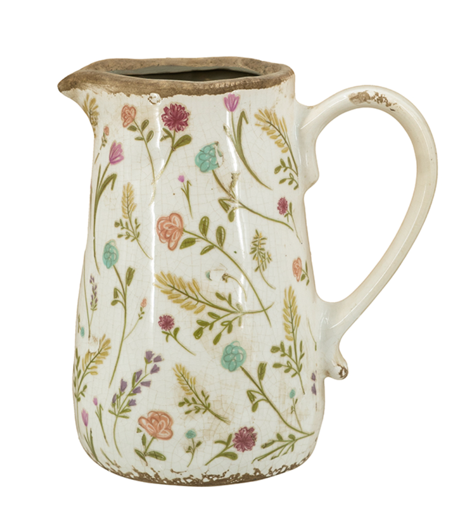 6.5x4.5x7" Round Ceramic Pitcher Vase with Multi-Colored Floral Motifs