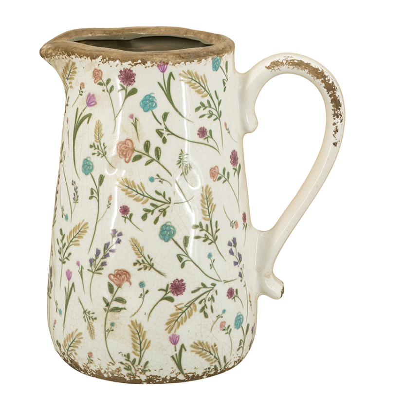8x5.5x9" Round Ceramic Pitcher Vase with Multi-Colored Floral Motifs