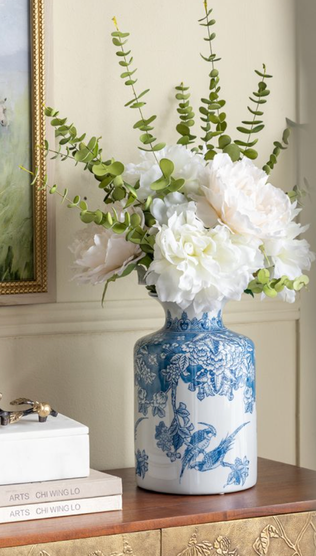 D8x12" Round Blue and White Porcelain Vase with Elegant Flower and Bird Motifs