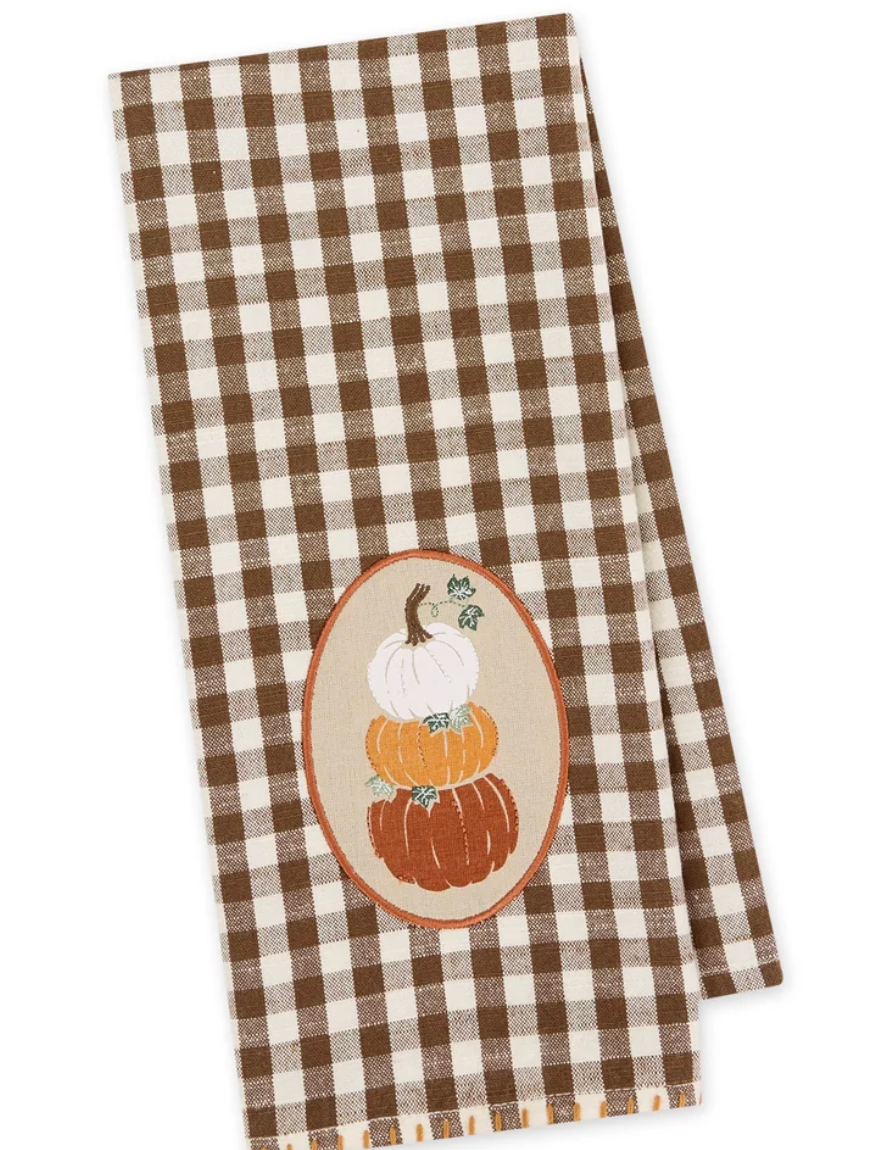 Autumn Pumpkin Stack Embellished Dishtowel