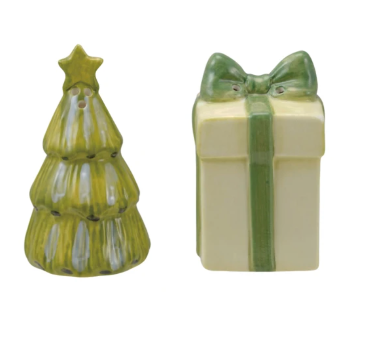 Hand-Painted Stoneware Gift & Tree Shaped Salt & Pepper Shakers, Set of 2