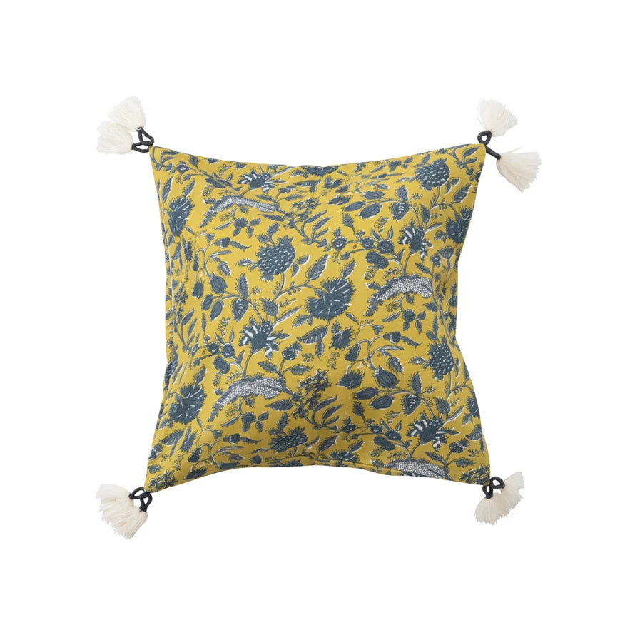 18" Cotton Pillow w/ Floral Pattern & Yarn-Wrapped Tassels