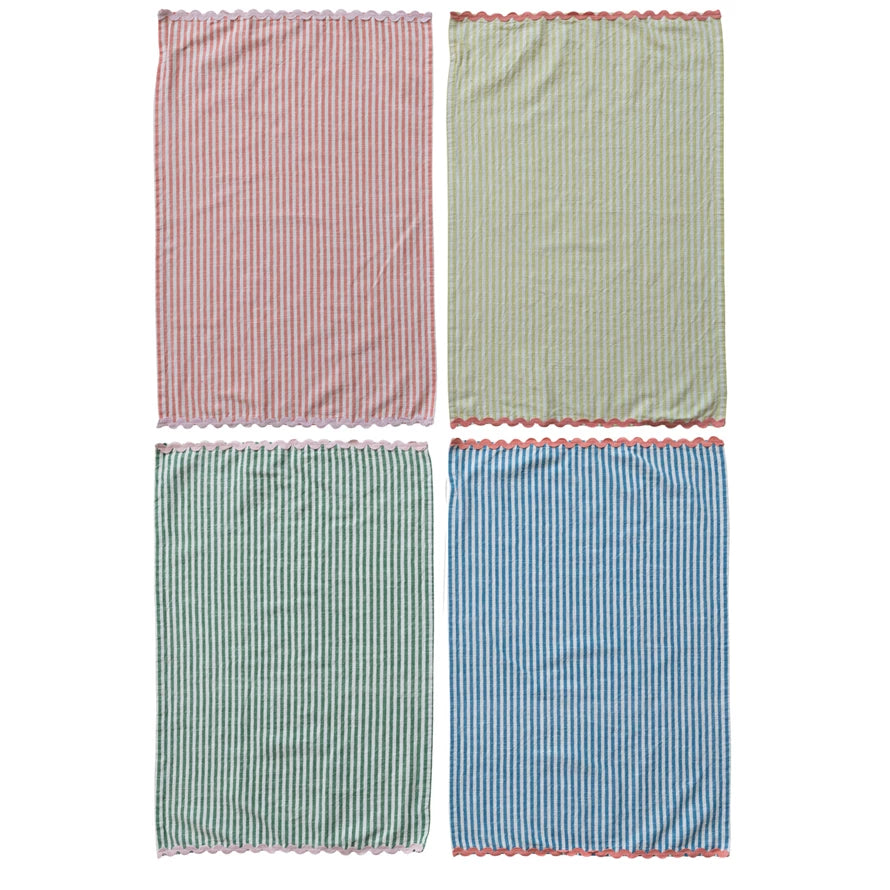 Woven Cotton Striped Tea Towel with Ric Rac Trim, 4 Colors