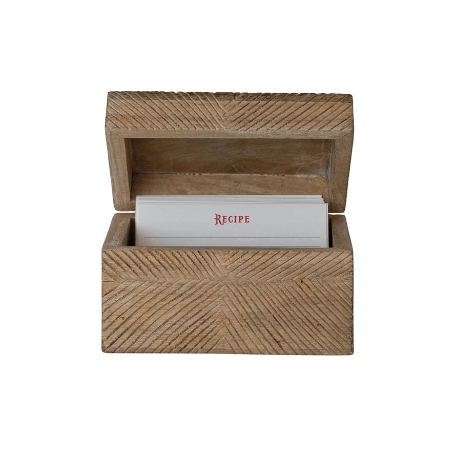 Hand-Carved Mango Wood Recipe Box with 25 Recipe Cards