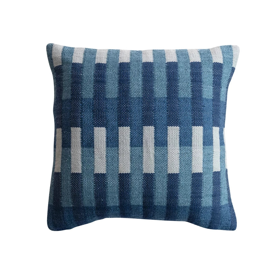 18" Square Woven Fabric Indoor/Outdoor Pillow with Embroidery & Stripe Pattern