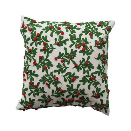 16" Square Cotton & Linen Pillow with Embroidered Mistletoe Pattern