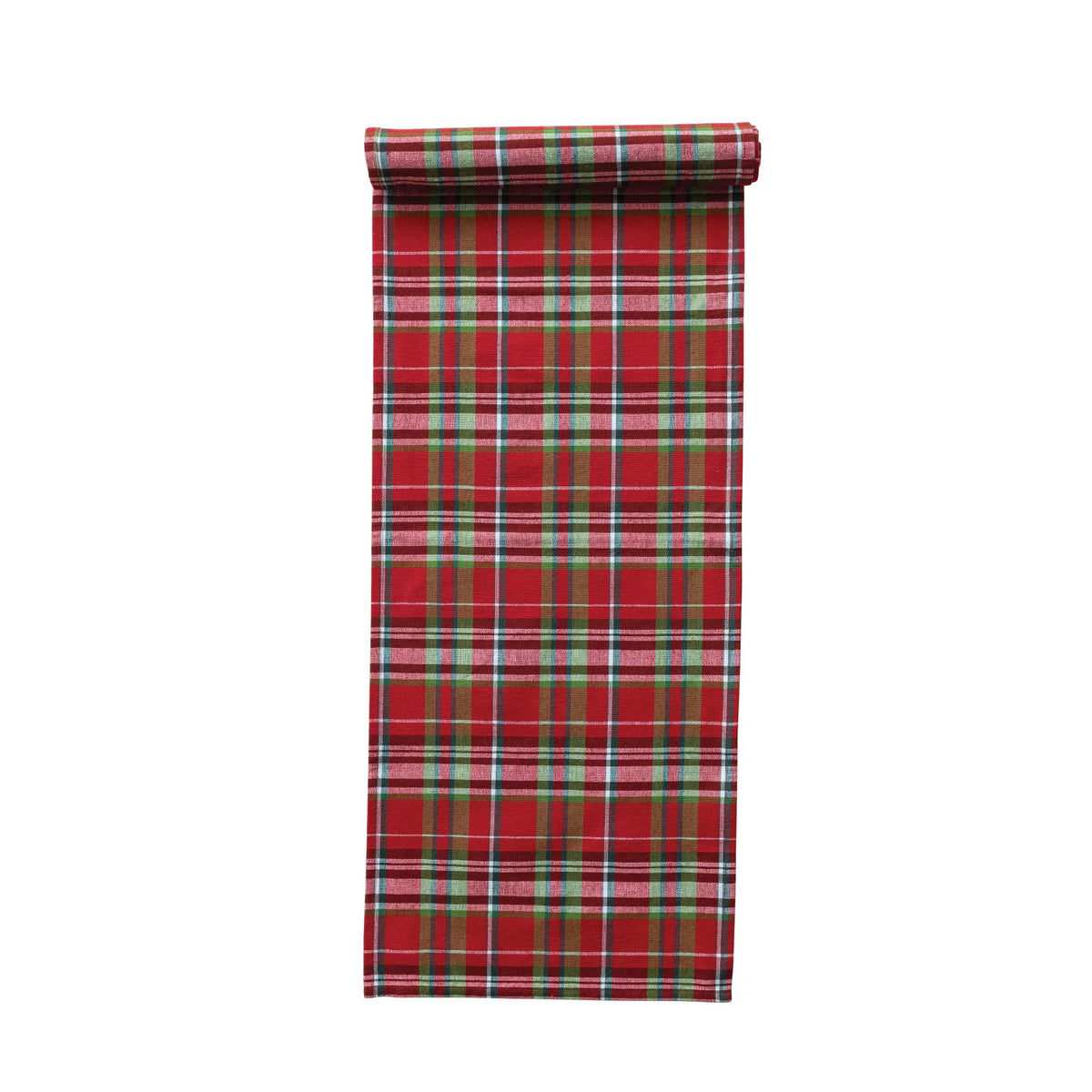 Woven Cotton Table Runner with Tartan Plaid Pattern, Roll Tied with Green Cotton Tape