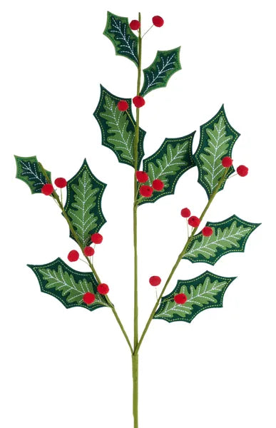 27"L Felt Holly Leaf/Pompom Berry Spray