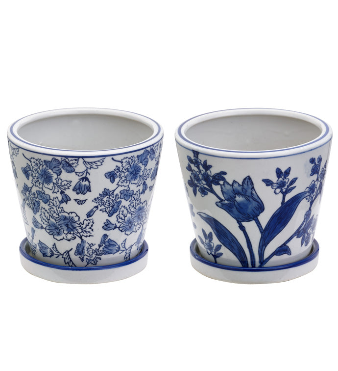 Small Blue/White Floral Planters W/saucer