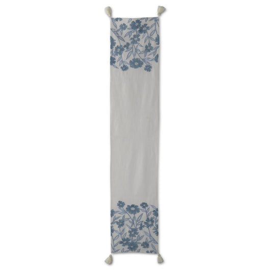 72 Inch White Linen & Blue Embroidered Floral Table