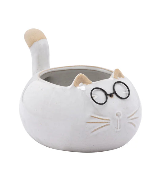 Large Fat Cat with Glasses Planter