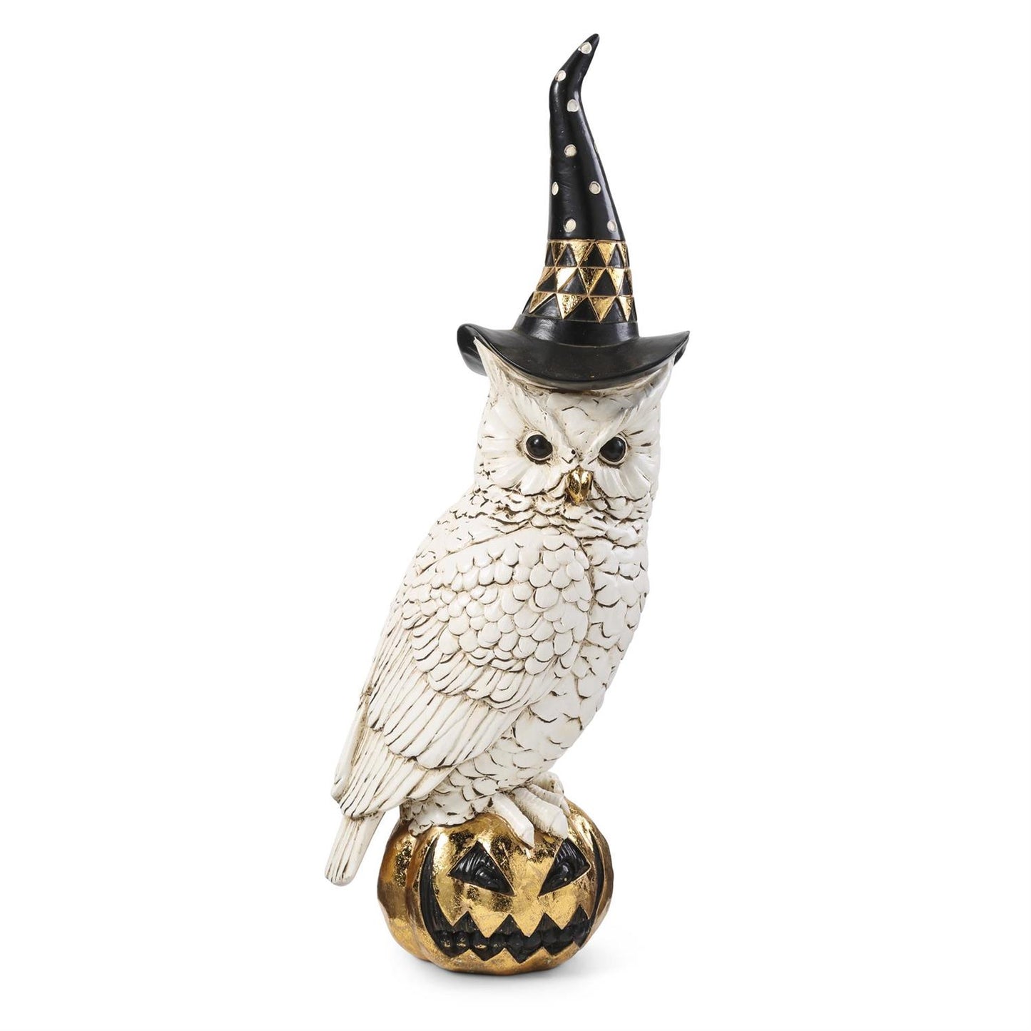 14 Inch White and Gold Owl w/Witch Hat on Gold Jack O Lantern