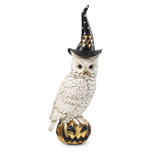 14 Inch White and Gold Owl w/Witch Hat on Gold Jack O Lantern