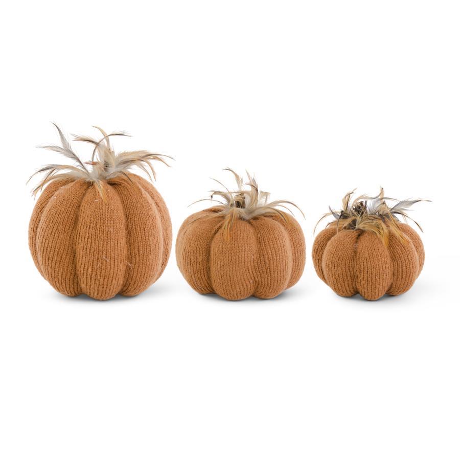 Orange Knit Pumpkins w/Wood Stem & Feathers