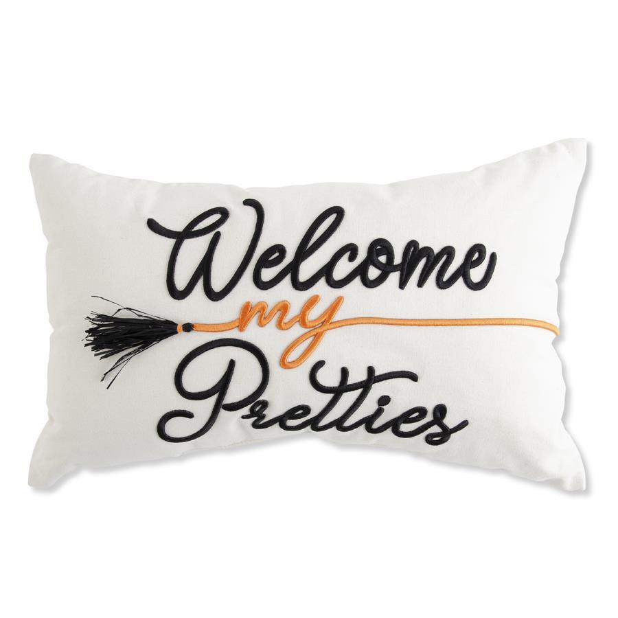 19 Inch Tan Rectangle Pillow w/Embroidered WELCOME MY PRETTIES