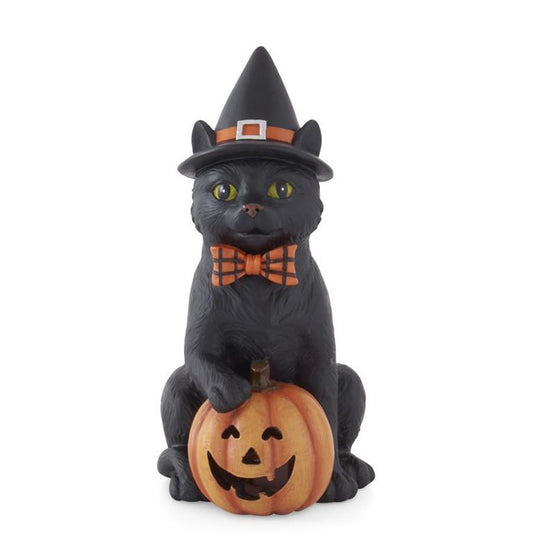 7.5 Inch Witch Hat Black Cat & LED Jack O Lantern w/Timer