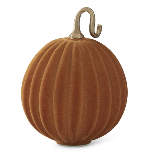 11.25 Inch Tan Flocked Glass Pumpkin w/Gold Metal Stem