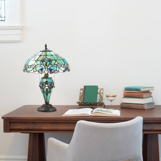 20"H Green Magna Carta Stained Glass Double Lit Table Lamp