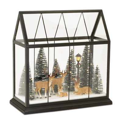LED Deer and Trees in Greenhouse 13”H Glass/Plastic 2 AA Batteries Not Included/USB