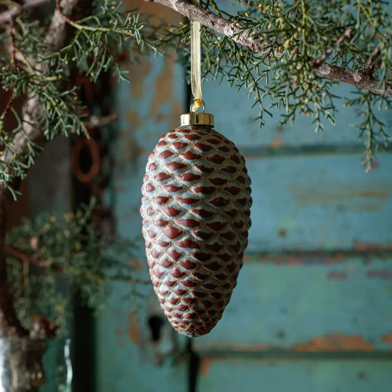 Blue-Green Pinecone with Gold Glitter Glass Ornament 6"