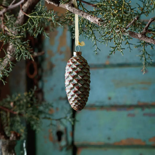 Blue-Green Pinecone with Gold Glitter Glass Ornament 4"