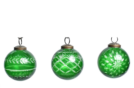 Holiday Green Cut Glass Ball Ornament 3"