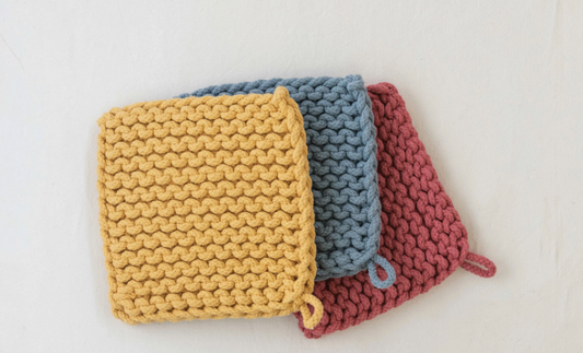 8" Square Hand Crocheted Cotton Pot Holders, 3 Colors