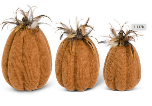 Orange Knit Pumpkins w/Wood Stem & Feathers