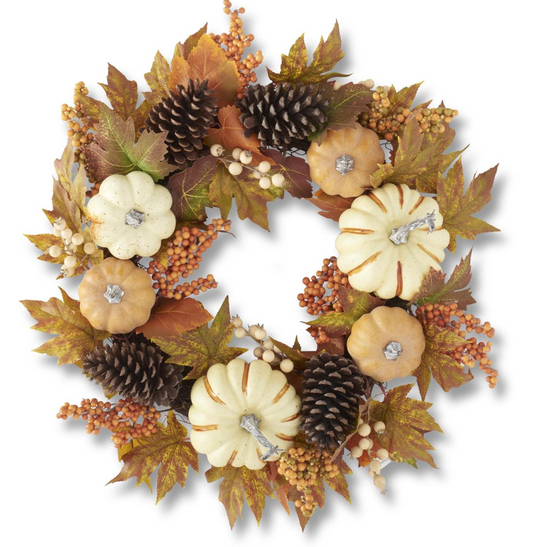 24 Inch Fall Leaf & Berry Wreath w/White & Orange Pumpkins