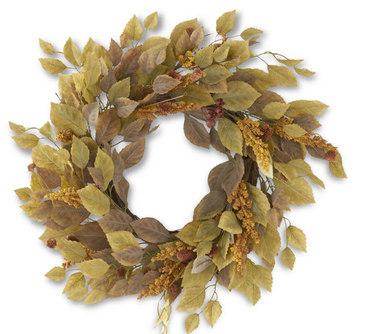 27 Inch Green Birch Leaves Wreath w/Mustard Spikes