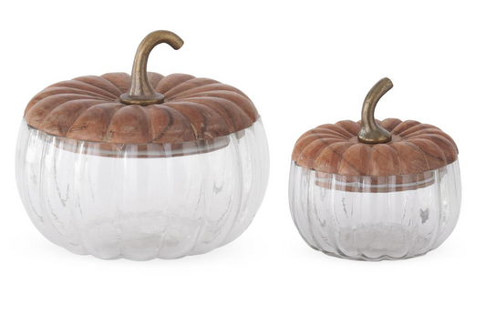 Glass Pumpkin Canisters w/Wood Lids & Metal Stem