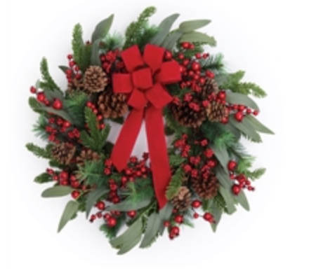 Pine/Berry/Cone Wreath w/Ribbon 24"