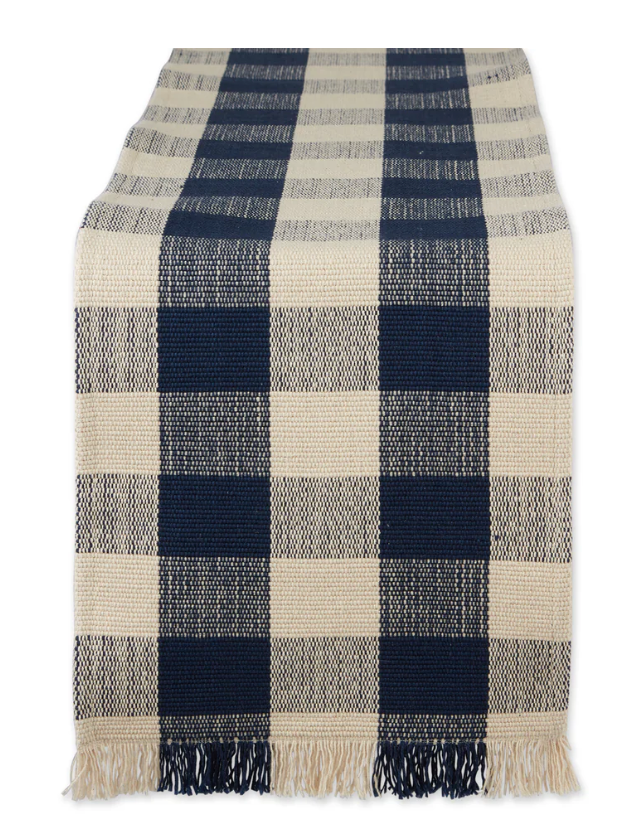 Sailor Blue Check Fringe Table Runner - 13 X 75