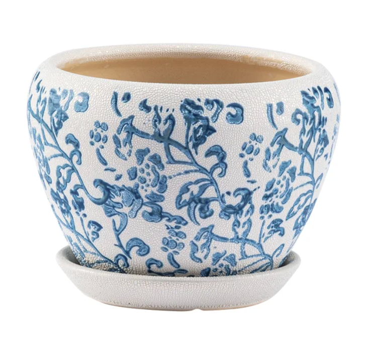 Blue/White Chintz Planter with Saucer