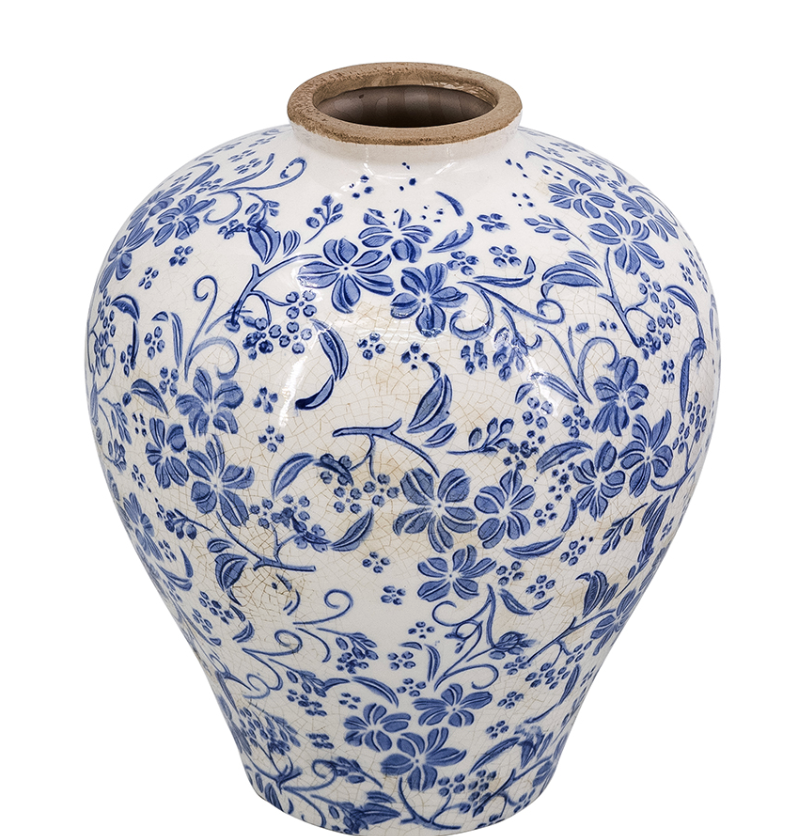 D9x11" Round Ceramic Vase with Distressed White Finish and Blue Floral Motif
