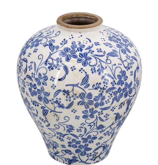 D9x11" Round Ceramic Vase with Distressed White Finish and Blue Floral Motif