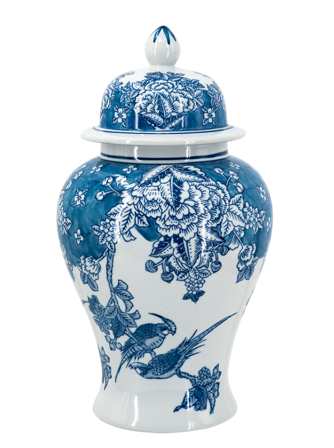 D8.5x15" Classic Blue and White Porcelain Ginger Jar with Elegant Flower and Bird Design