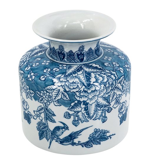D8x8.5" Round Blue and White Porcelain Vase with Elegant Flower and Bird Motifs