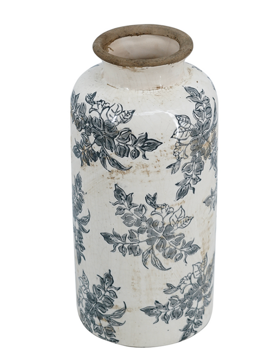 5.5x5.5x12.5" Vintage Inspired White Ceramic Vase with Black Floral Motif