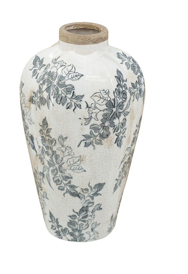 6.7x6.7x11.5" White Ceramic Accent Vase with Gray Floral Design