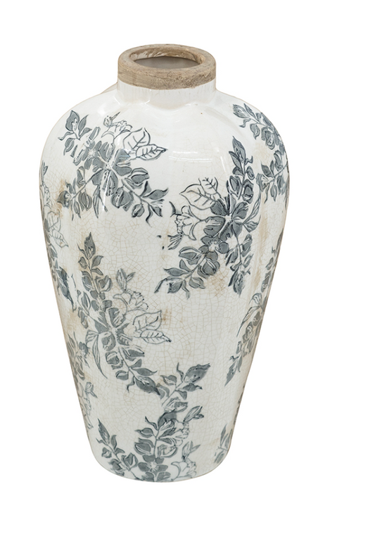 6.7x6.7x11.5" White Ceramic Accent Vase with Gray Floral Design