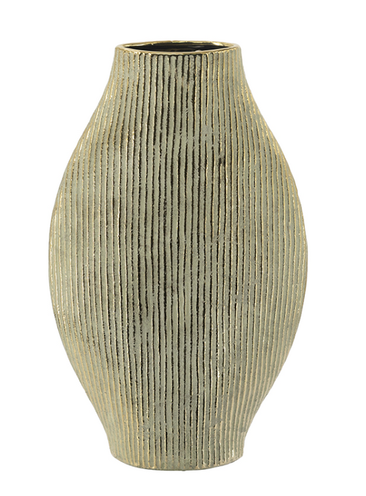 8x3.3x13" Gold Ceramic Accent Vase with Vertical Ribbed Texture
