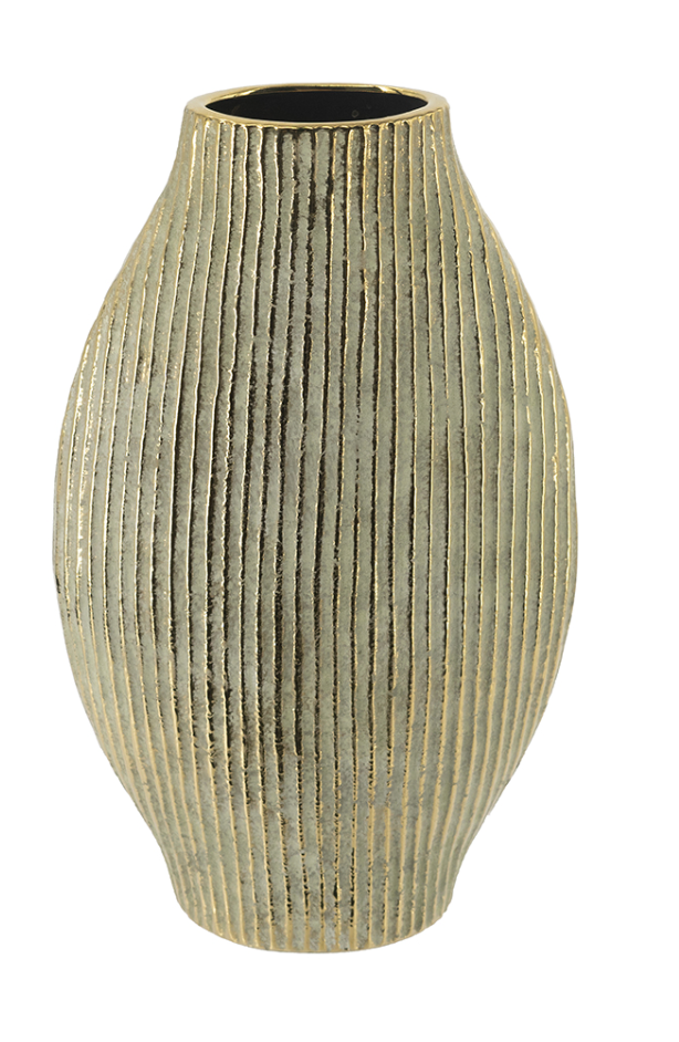 10.5x3.5x17.5" Gold Ceramic Accent Vase with Vertical Ribbed Texture