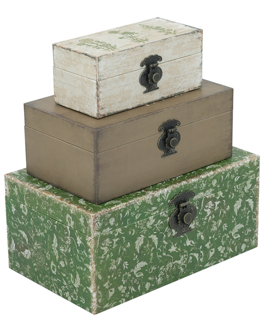 Decorative Boxes with Textured White, Brown, and Green Finishes 4S/CTN L:12x7.5x5.5" M:10x6x4" S:7.5x3.5x3.3"
